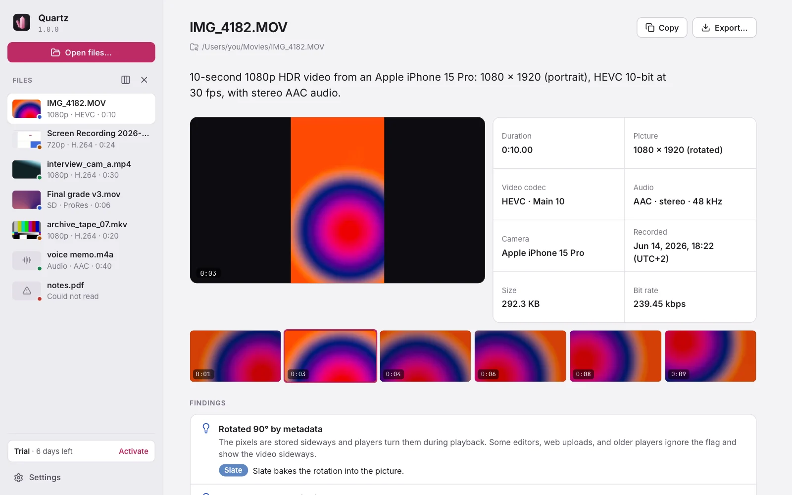 Quartz showing an iPhone video: a frame and a filmstrip, the key facts beside them, a one-sentence summary, and the first finding with its fix.